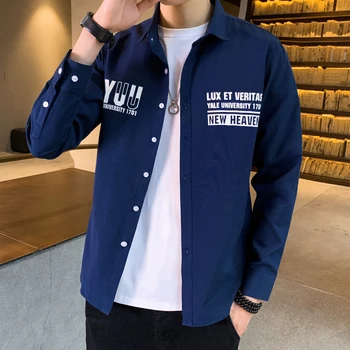 

Oxford Casual Shirt Men Long Sleeve Letter Print chemise homme 2020 Spring New Korean Style Slim Fitted Social Shirt Male Sale