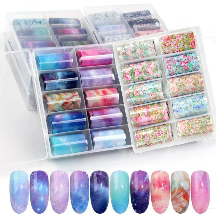 

Nail Art Foils Transfer 10 Rolls/Box (Larger Box 4X100cm) Colorful Nail Art Foils Mixed Flower Patterns Nail Transfer Sticker,KJ
