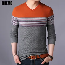 Новинка, модные брендовые свитера с v-образным вырезом, мужские пуловеры в полоску, облегающие вязаные Джемперы, осенняя повседневная мужская одежда в Корейском стиле
