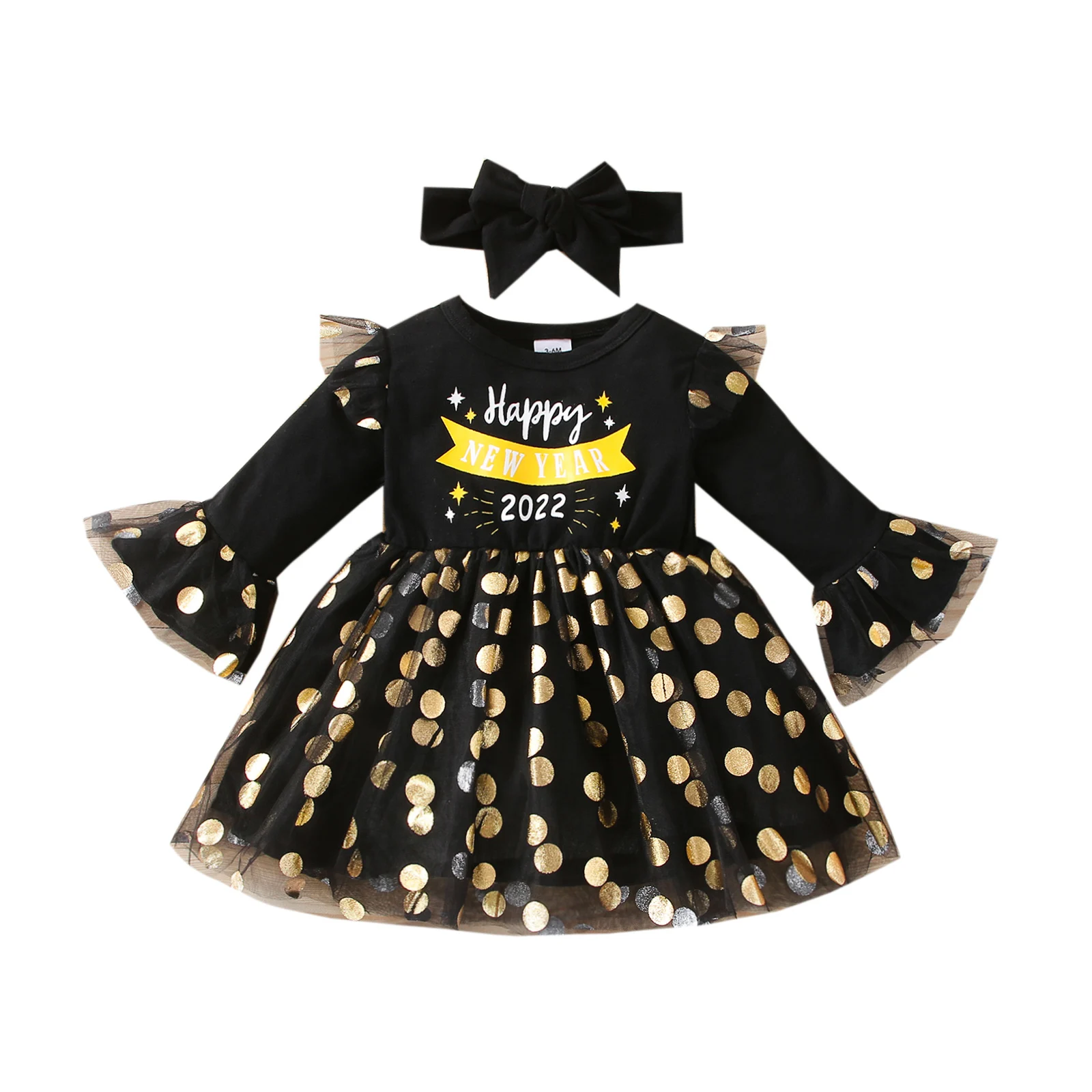 Toddler Baby Girls Clothing Autumn Patchwork Dress Long Sleeve Round Neck Ruffle Dot Happy New