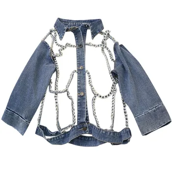 

2019 Chic Design Women Jacket Coat Chain Hollow Out Long Sleeve Women Denim Jacket Vintage Women Coat Chaqueta Mujer