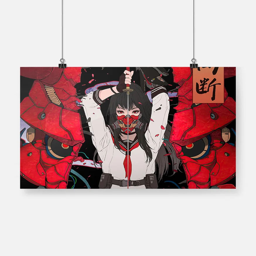 Hd Prints Canvas Painting Samurai Anime High School Girl Katana Oni Mask Poster Wall Art Decor For Boy Bedroom Home Frame | Дом и сад