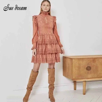 

Early Autumn New Women'S Long-Sleeved Dress Stand Collar High Waist Lace Stitching Open Ruffled Orange White Bodycon Club Party