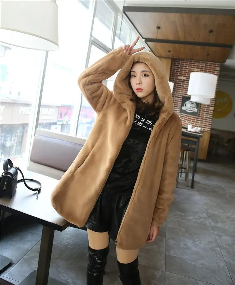 

2019 Autumn Winter New Fur Coat Female Solid Color Zipper Loose Long Women Hooded Imitation rabbit fur Overcoat Large Size 4XL