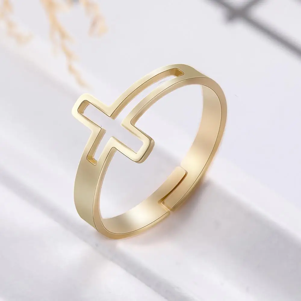 Skyrim Cross Adjustable Rings Stainless Steel Gold Color Couple Ring Christian Religious Jewelry for Women Men