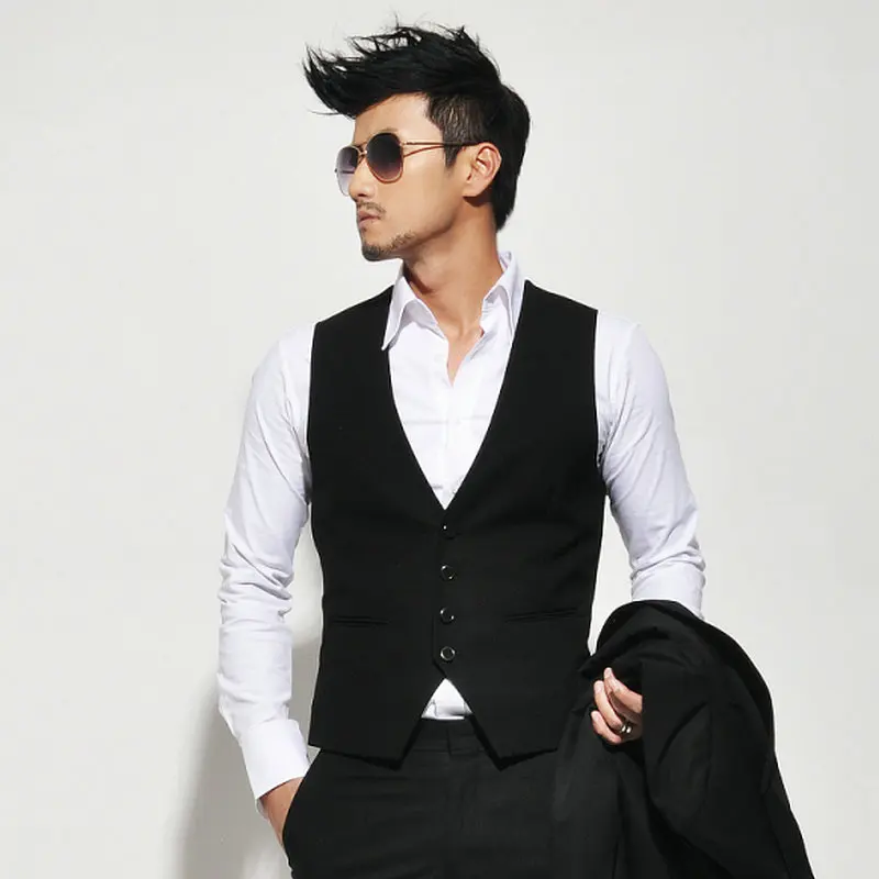 Модный мужской корейский стиль Тонкий черный мужской костюм жилет мужской повседневный жилет с v-образным вырезом