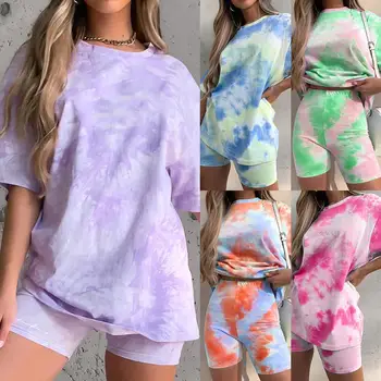 

Women Round Neck Short Sleeves Top Solid Tight Shorts Trousers Tie-Dye Suits Set Ladies Pullover Blouse T-shirt Pants Suits