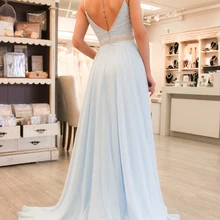 Очаровательное платье на бретельках с v-образным вырезом для выпускного вечера, сексуальное женское шифоновое вечернее платье с бусинами на спине, robe de soiree