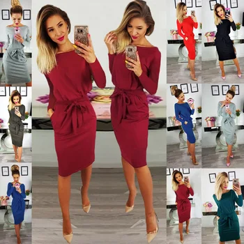 

Fashion Party Dresses 2019 New Solid Full Sleeve O-Neck Winter Dress Elegant Plus Size Knee-Length A-Line Casual Women Dress