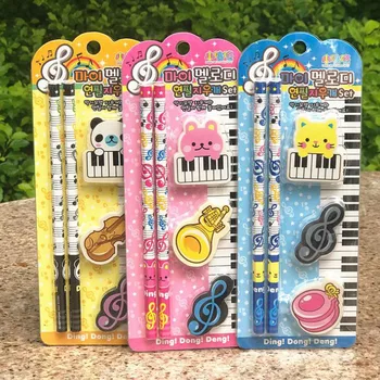 

1 Set Creative Musical Notes Piano Series Animal Rubber Pencil Erasers with Wooden Pencils Stationery Set Student Korean Gifts