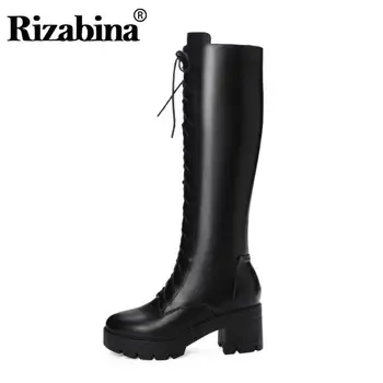 

RIZABINA Women Knee High Boots Real Leather Knight Shoes Women Winter Warm Lace Up Zipper Platform High Heel Boots Size 33-43