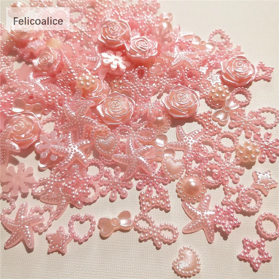 Resin Accessories 100pcs Assorted Pink ABS Pearl Bow Heart Flatback Cabochons