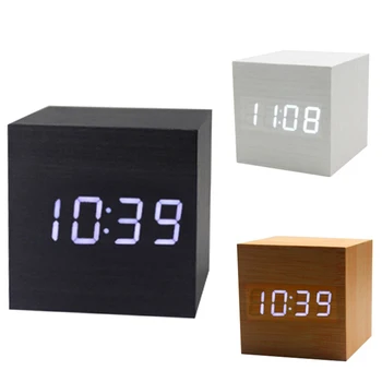 

Wooden LED Alarm Clock Wooden Retro Glow Clock Desktop Table Decoration Voice Control Snooze Function Desk Tool