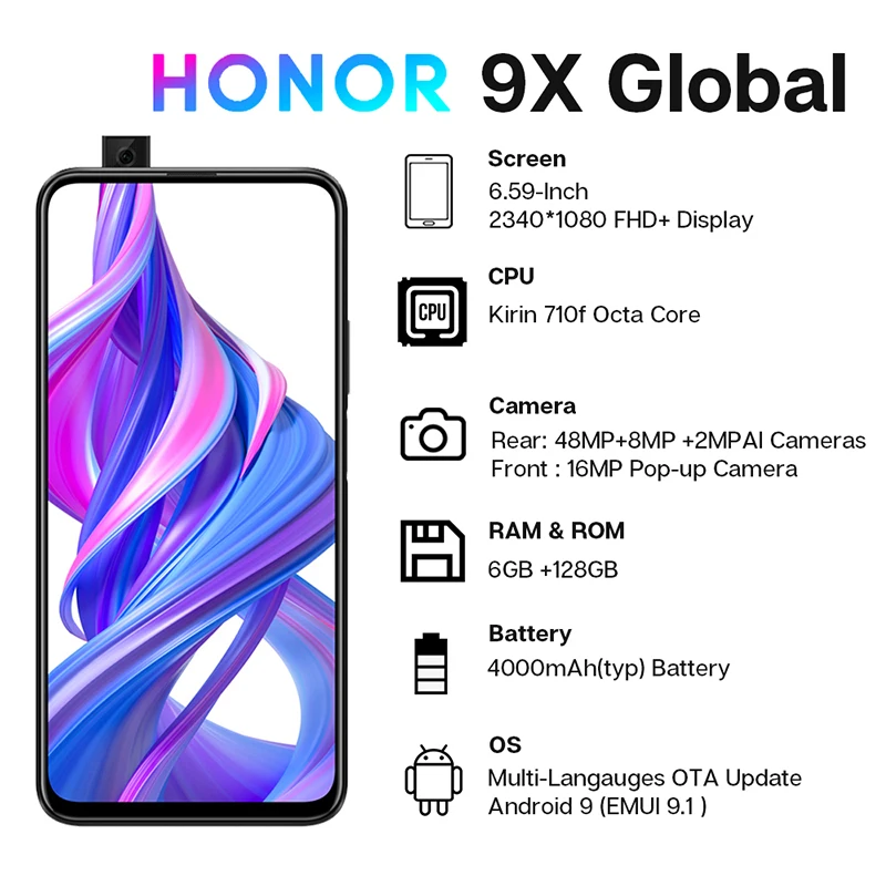 Глобальная версия Honor 9X 6 ГБ 128 Гб Смартфон 48MP Тройная камера мобильный телефон