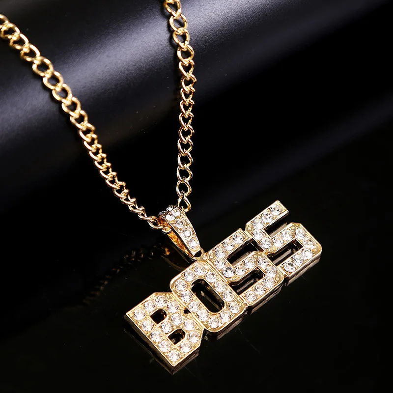 2020 Trendy Hip Hop Rhinestone Letter BOSS Gold Pendant Necklace Bling Bling...