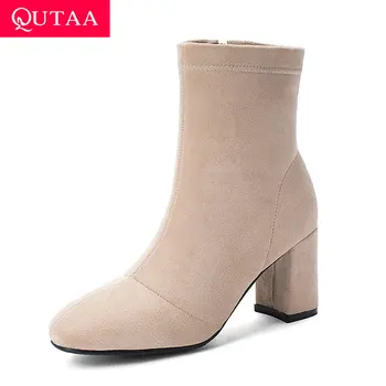 

QUTAA 2020 New Autumn Winter Square High Heel Zipper All Match Ankle Boots Flock Round Toe Casual Women Shoes Big Size 34-43