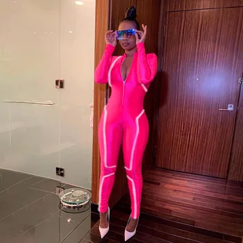

Women Sexy Reflective Jumpsuit Long Sleeve Turtleneck Front Zipper Reflective Stripes Ladies Pink Black Long Jumpsuit Rompers