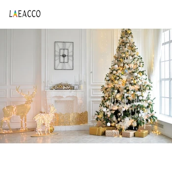 

Laeacco Christmas Tree Shiny Deer Gift Clock Fireplace Window Photo Backgrounds Photography Backdrops Baby Portrait Photocall
