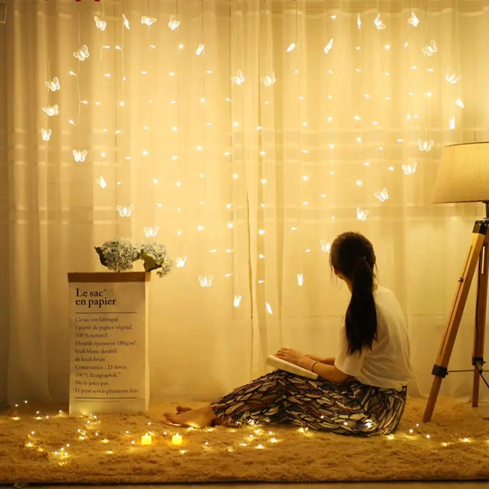 Tanie 2x1.5m serce LED zasłona z motylkami lekka sopel kurtyna świetlna ciąg 34 motyl 128 LED świąteczna wróżka świąteczna dekoracje ślubne