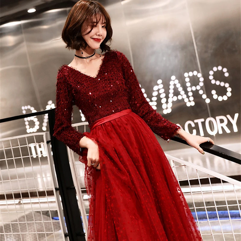 

Evening Dresses Burgundy A Line Floor Length Formal Party Dress 2020 Shiny Sequins Tassel Lace Illusion Women Elegant Gowns E399
