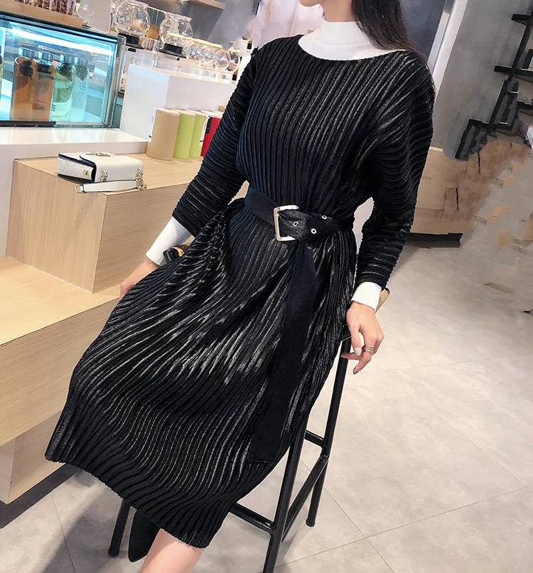 Miyake Плиссированное бархатное платье, женское Плиссированное модное тонкое платье с длинным рукавом, длинное платье, vestido, женская одежда, элегантное платье