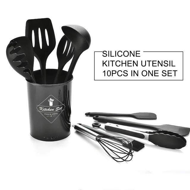 Kitchen Utensils Set 10pcs Silicone Non-stick Barreled Cooking Utensil All  Over Silica Gel Utensil With Gift S Shaped Hooks Black