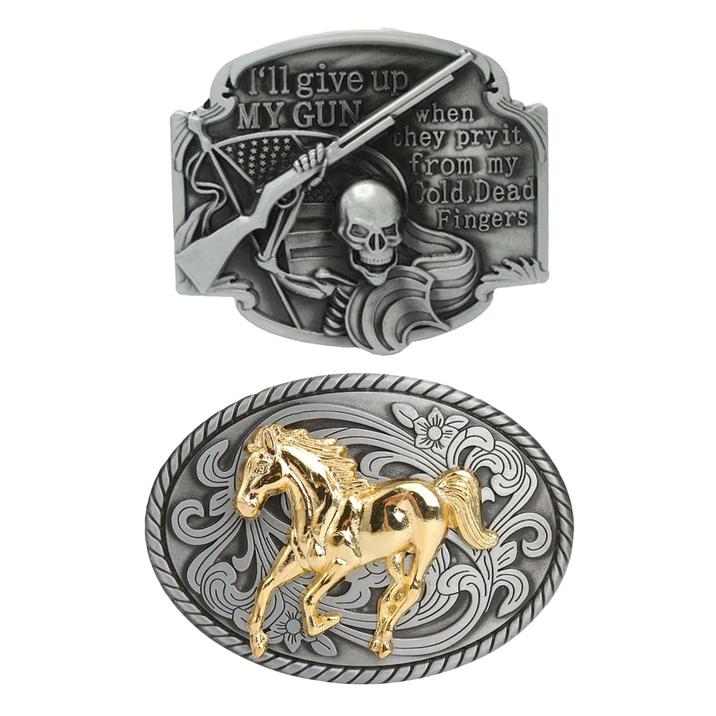 2Pcs Men's Belt Replacement Buckles - Vintage Hip Hop Belt Buckle Western Fits for Jeans Belt Trouser Belt - Skull & Horse