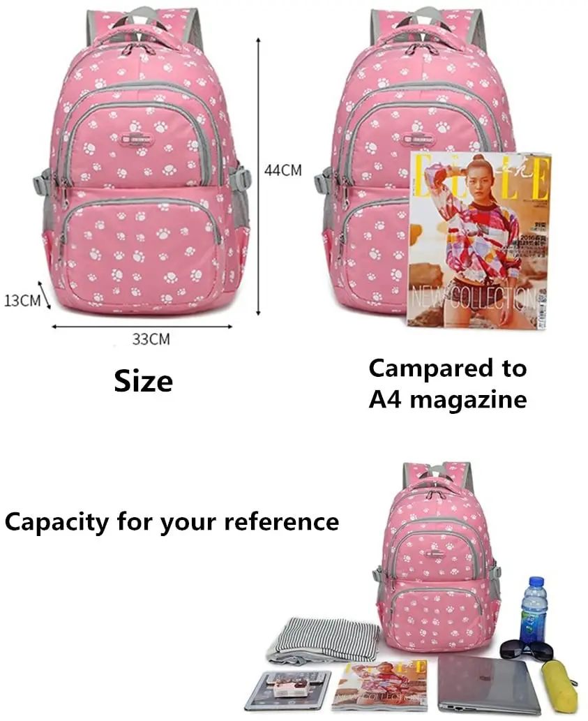 Adanina 3Pcs Dog Paw Prints Backpack Back Sets Primary School Student Book Bag School Bag for Students