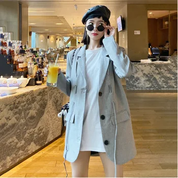 

LANMREM 2020 New Spring Single Breasted Solid Color Suit Collar Blazer Women Vintage Loose Slim Was Thin Lace-up Suit Coat PD393