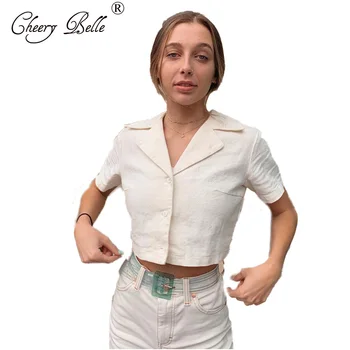

Suit Collar and Breasted top Women's 2020 Summer Casual shirts Lazada Slim open Navel Short sleeve Shirt