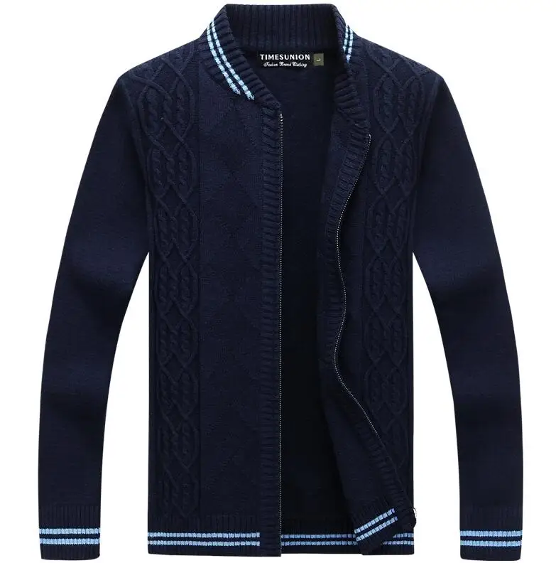 Dark blue Мужские свитера на осень и зиму, пальто на молнии, толстый кардиган, свитер с воротником, мужские повседневные полосатые украшения, свободный свитер - Цвет: Dark blue