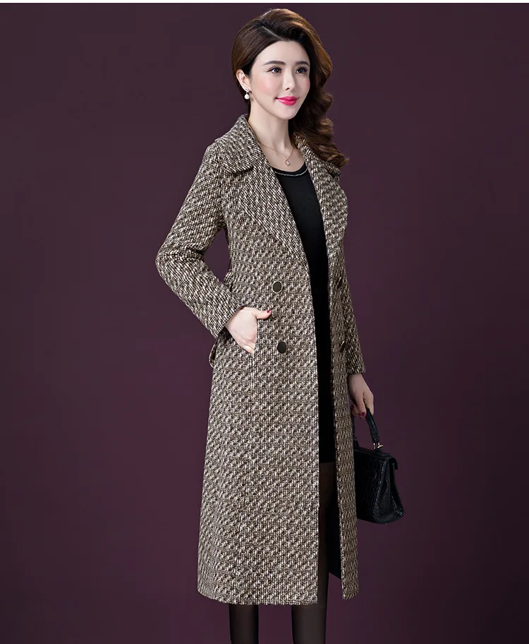 Модные офисные женские длинные шерстяные зимние пальто тонкие Клетчатые Шерстяные Пальто и куртки двубортные женские пальто