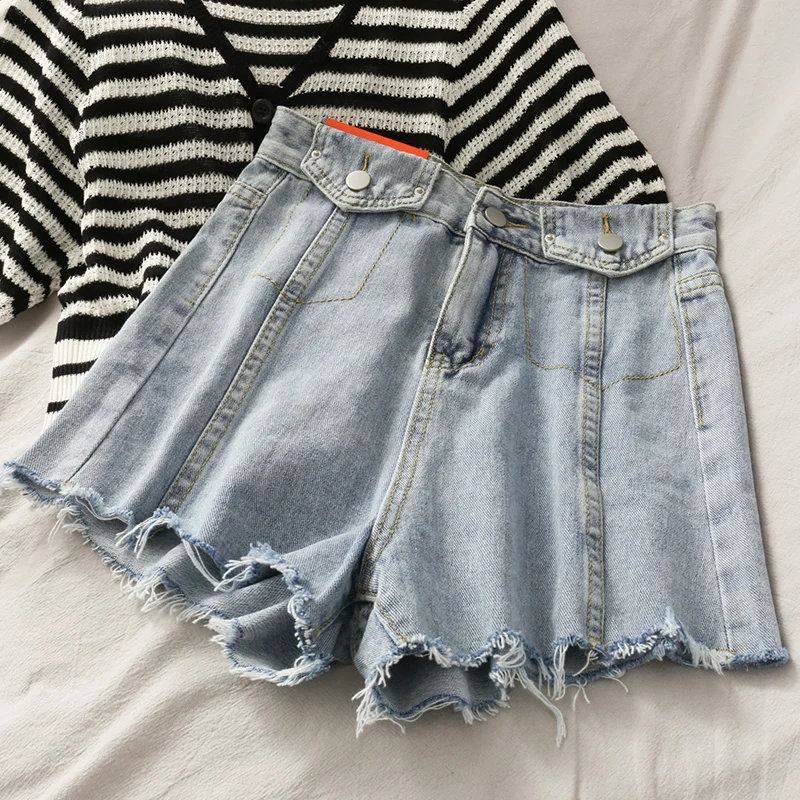 

Korean Version of Denim Shorts Female 2020 Summer New High Waist Fake Pocket Raw Edge Wide Leg Street Style Shorts Short Woman