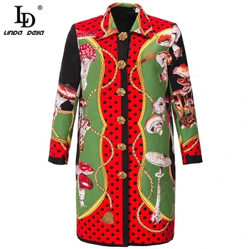 

LD LINDA DELLA Fashion Designer Autumn Winter Women Elegant Crystal Single Breasted Dot Mushroom Print Long Wool Coats Outwear