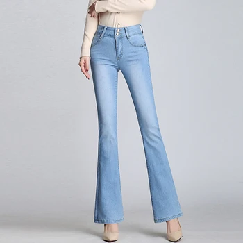 

Vintage Women Washed Denim Jeans Mid Waist Slim Flare Pants Jeans Plus Size Elegant Women Jeans Fashion Cotton Trousers Womens