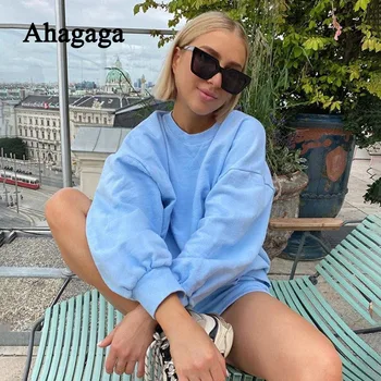 

Ahagaga Casual Sets Women Fashion Long Santern Sleeve 2 Pieces Sweatshirt + Shorts Bandage Drawstring Women Tracksuits Female