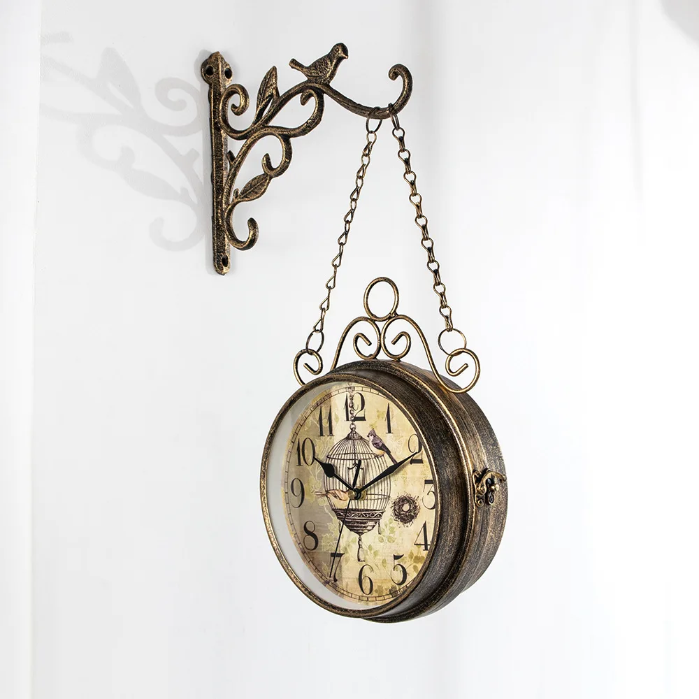 Retro European style classic bracket wall clock Double-sided display time  Iron Train Station Style Round Clock with Scroll Wall