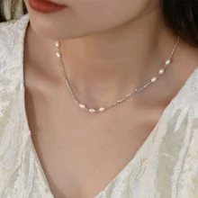 ASHIQI naturalna perła słodkowodna 925 Sterling Silver Chain naszyjnik dla kobiet biżuteria wielowarstwowa tanie i dobre opinie Naszyjniki łańcuszkowe Kobiety About 3 5g perły słodkowodne 925 sterling CN (pochodzenie) Rocznica Inny naturalny materiał