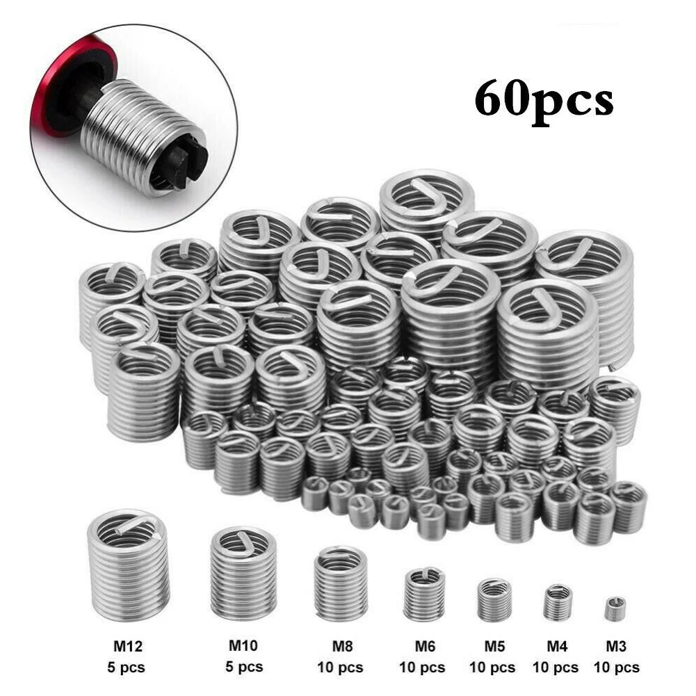 60pcs Wear Resistance Fastening High Strength Thread Insert Set Home Easy Install Wire Screw Sleeve Stainless Steel Industrial |