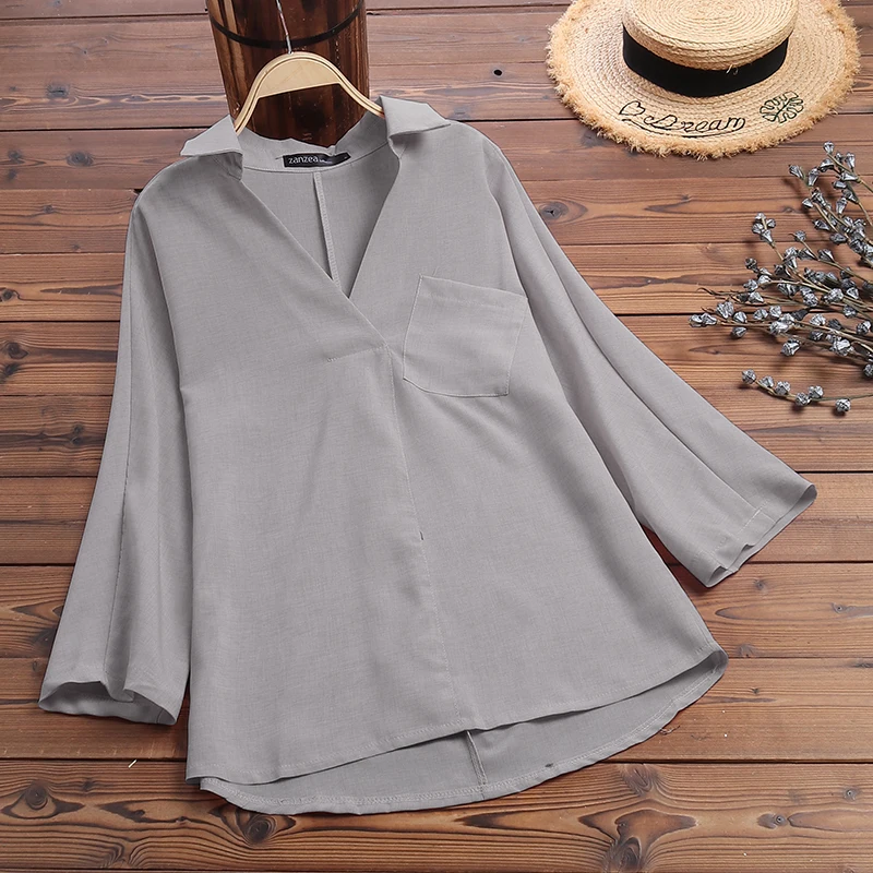 Серый Blusas Top, ZANZEA, Летняя туника для вечеринки, топы, повседневная Однотонная футболка с v-образным вырезом, женская Свободная блузка с длинным рукавом, рубашка, Женская сорочка - Цвет: Серый