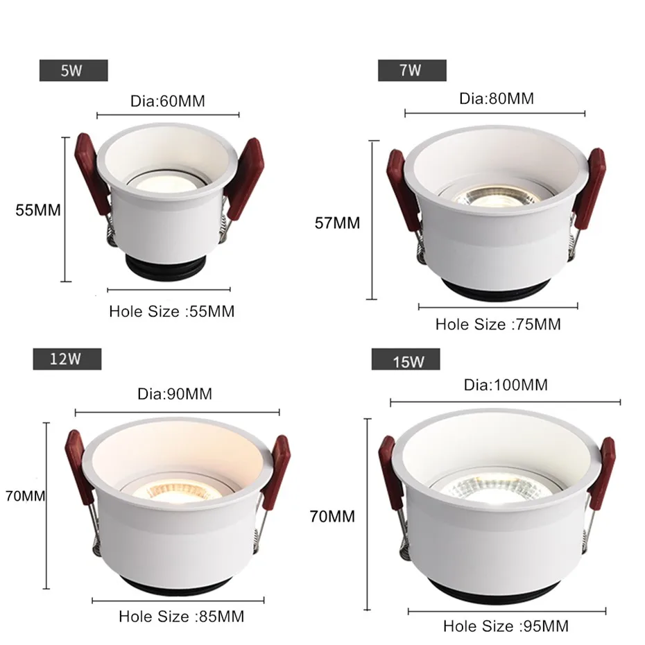 Dimmable LED Spot light 15W 12W Anti-Glare led downlight Angle Adjustable Indoor ceiling lamp Bedroom Kitchen led Recessed light