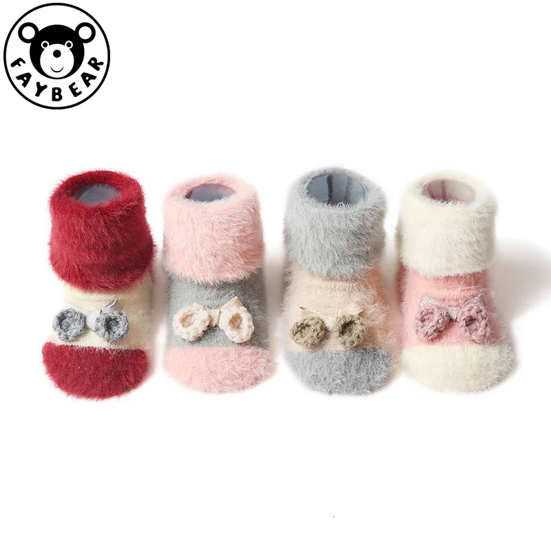 

4Pairs Winter Keep Warm Bow Baby Socks Soft Dear Skin Baby Socks No Hair Slip No Rise Bat Boy/ Girl Socks