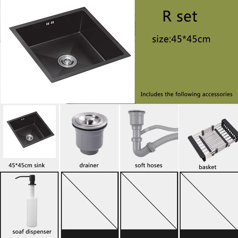 Черная кухонная раковина над прилавком или умывальник для овощей, умывальник из нержавеющей стали, одинарная чаша, Черная кухонная раковина - Цвет: R set
