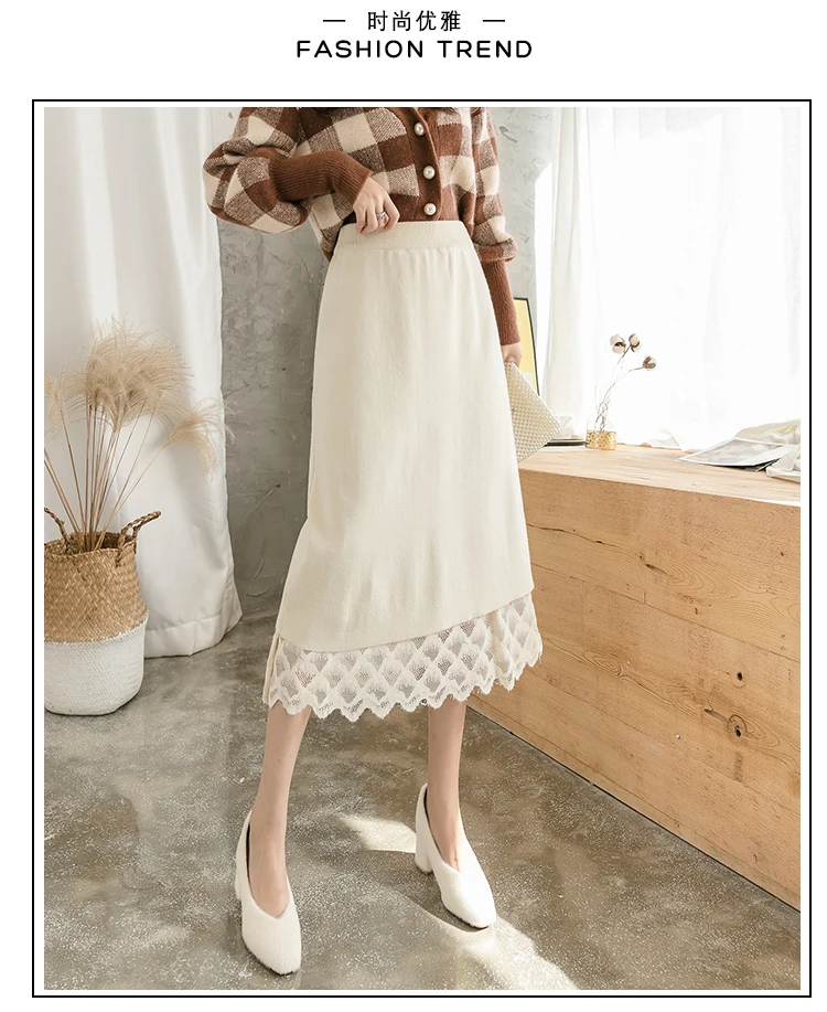 Beiyingni трикотажная юбка женская клетчатая эластичная винтажная миди-юбка с высокой талией Женская s кружевная Повседневная элегантная офисная линия