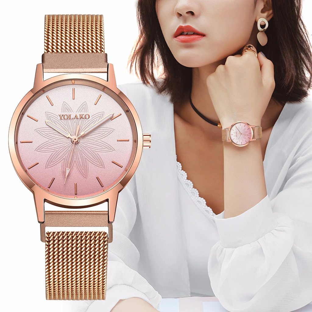 

Fashion Ladies Quartz Clock Steel Magnetic Mesh Women ClockM Women Magnet Buckle Gradient Color Flower Watch Relogio Feminino