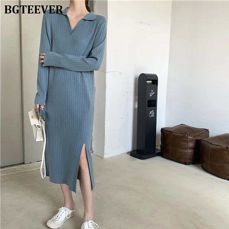 BGTEEVER Autumn Winter Dress V-neck Straight Women Sweater Knitted Midi Female Full Sleeve Jumpers 2019 | Женская одежда