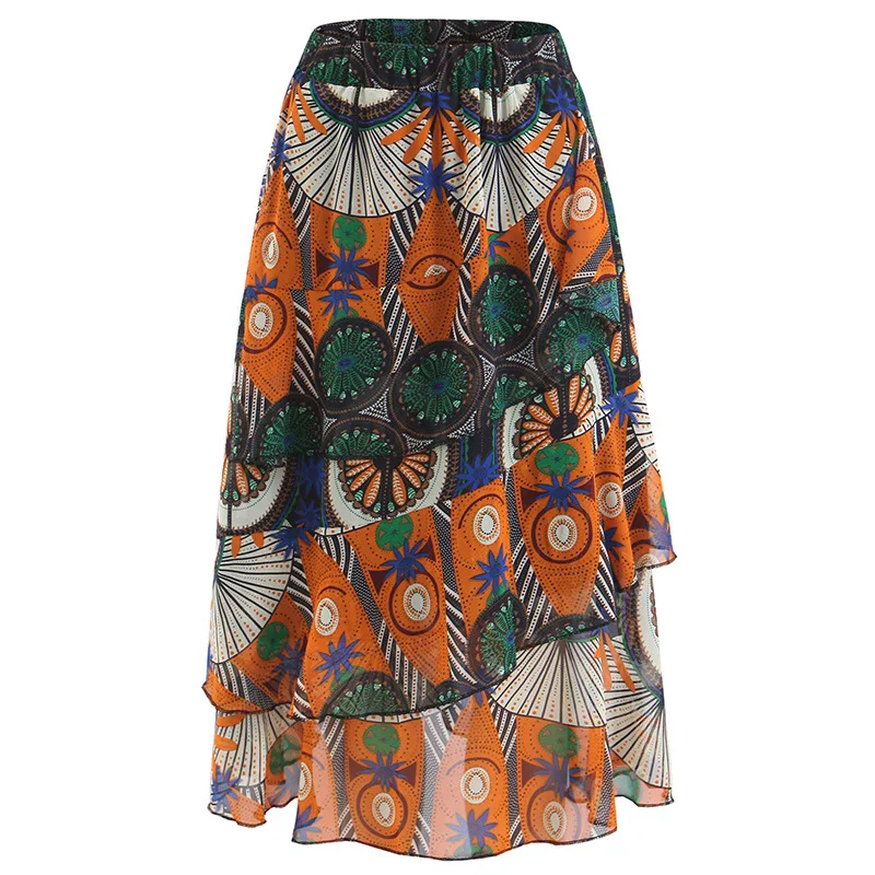 Vintage Pattern High Waist Ruffled Skirt Women Party Beach Skirts Womens Clothes Floral Pleated Skirt For Ladies