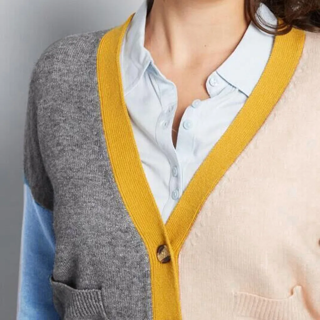 sueter mujer invierno Women Patchwork Long Sleeves Color Block Pockets V-Ncek Button Sweater Knit Cardigans