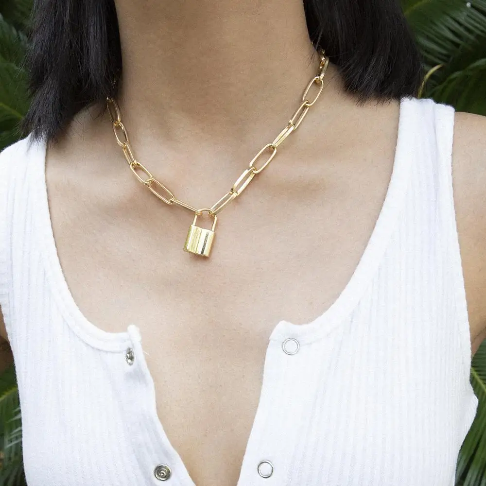 

Best lady Punk Rock Link Chain Necklace Statement Gifts for Women Men Vintage Metal Lock Pendant Necklace Jewelry Collar Chokers