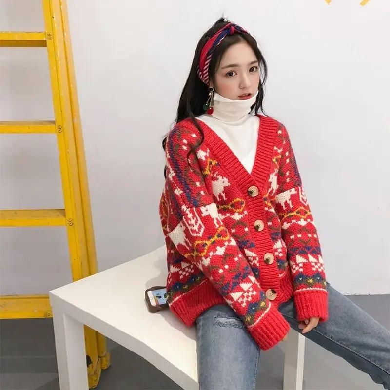 Весенний рождественский большой красный кардиган, свитер, Женская куртка, длинный плотный корейский свободный свитер